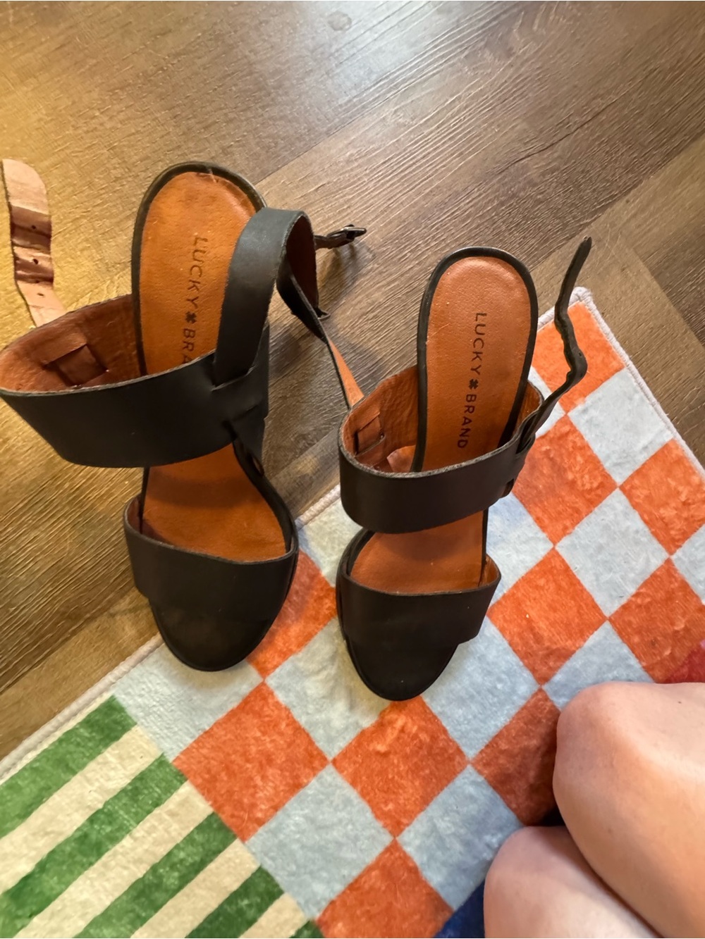 Lucky Brand Black Leather Two-Strap Heeled Sandals